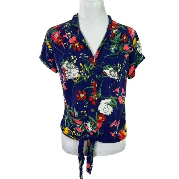 Anthropologie Maeve Navy Floral Tie Front Button Down Top Size 4 - Picture 3 of 9